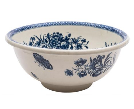 A First Period Worcester blue and white wash basin: with turn- over rim, printed with 'The Pine Cone Group' of floral sprays 