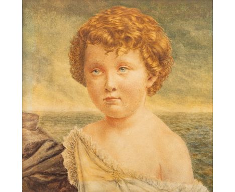 British School, early 20th Century -Portrait of a child, sea in the background -Watercolour -33 x 33cm - 55 x 52cm framed