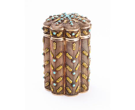 A 20th century Chinese silver gilt-mesh filigree tea caddy, stamped silver to the base, the lobed pull off lid reveals a cyli