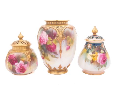A Royal Worcester porcelain vase, of oviform with raised gold strap work painted with pink and red roses by Reginald Austin, 