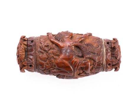 A Continental treen snuff box carved in high relief with mythological figures, the hinged cover with Saint Euphemia and the l