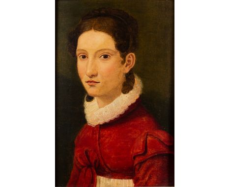 Circle of Alessandro Allori (Italian, 1535-1607) -Portrait of a girl in a red caftan and ruff collar - Oil on panel -27 x 18.