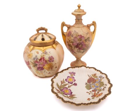 Two pieces of Royal Worcester blush ivory porcelain, comprising a melon shaped jar and pierced cover, printed and enamelled w
