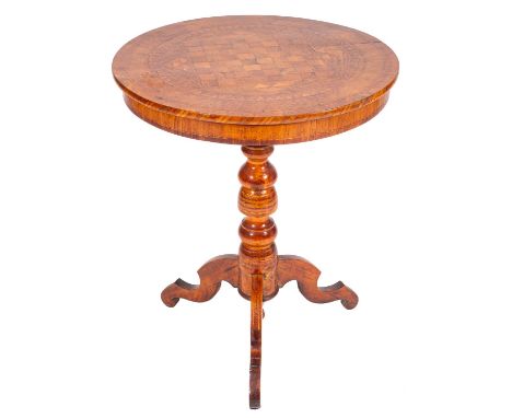 A Victorian walnut veneer, elm and stained beech circular chess top table, the inlaid chessboard top within a serrated band a