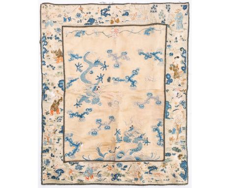 A Chinese silk and metal thread embroidered double panel depicting long-tailed birds and bats, 55 x 30cm; a panel depicting t