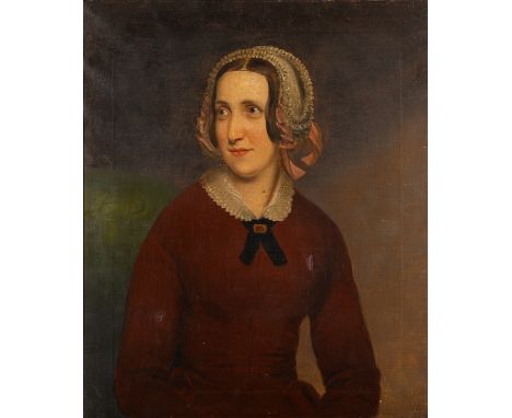 British School, mid-19th Century -Portrait of Maria Brown (wife of William Brown), wearing a red dress with a white collar -O