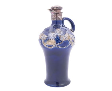 A Royal Doulton silver-mounted stoneware flask and stopper tube lined in the Art Nouveau manner with poppies on a deep blue g