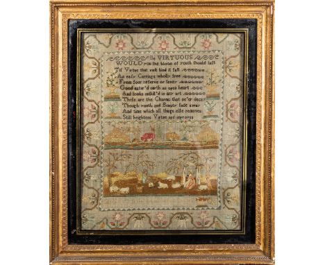 A George III needlework sampler, dated 1804; with virtuous text above a depiction of cattle grazing; above a scene with a she