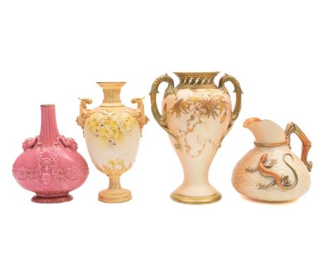 Four pieces of Royal Worcester porcelain, comprising a two handled vase with pierced neck, printed and gilt with scrolling fo