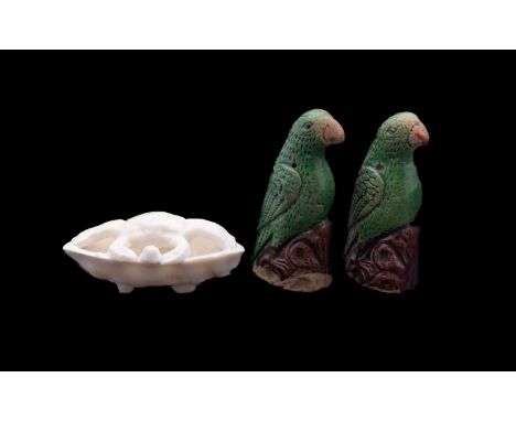 A pair of Chinese miniature biscuit figures of parrots and a blanc-de-chine water pot in the form of a crab, Qing Dynasty, th