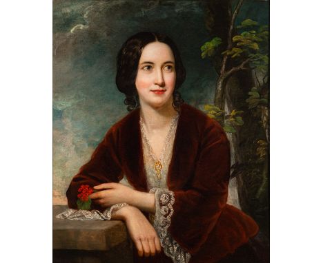 British School, 19th Century -Portrait of Maria Brown, daughter of William and Maria Brown, wearing a red velvet dress and ho