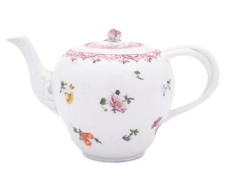 A Champion's Bristol teapot and cover of ogee form with entwined stalk handle, the cover with bud finial, painted with scatte