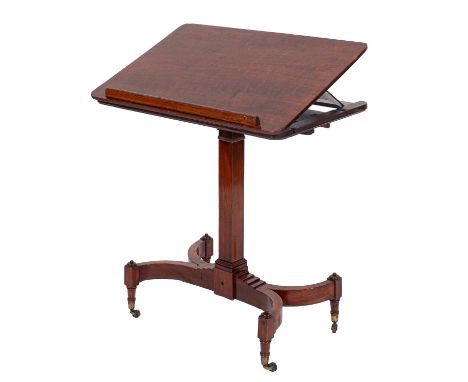 A Regency mahogany reading table, the adjustable rachetted rectangular superstructure fitted with a ledge on a square pillar 