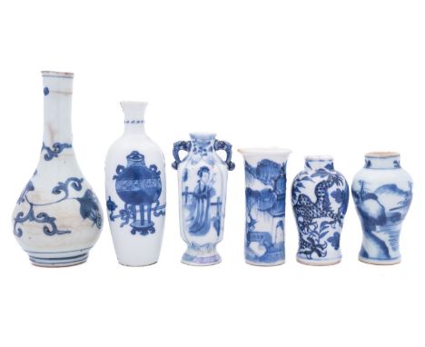 A group of six small Chinese blue and white vases, late Ming and later including a bottle vase painted with flowers and scrol