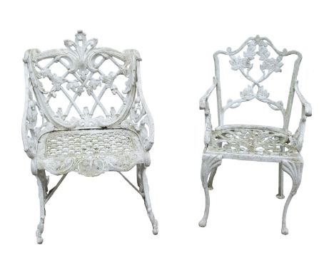 A suite of painted metal garden furniture, 20th century; comprising a bench and an elbow chair; each with openwork cresting t
