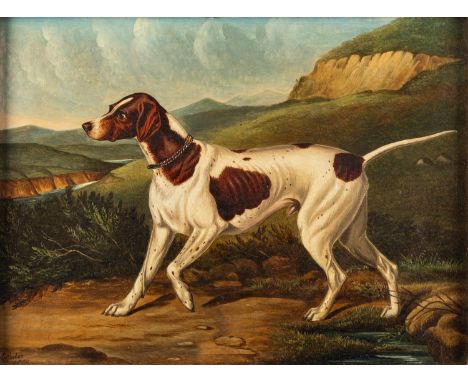 Edwin Loder of Bath (British, 1827-1885) -Portrait of a pointer in landscape -Oil on card -22.5 x 30cm - 32 x 39cm framed -Si