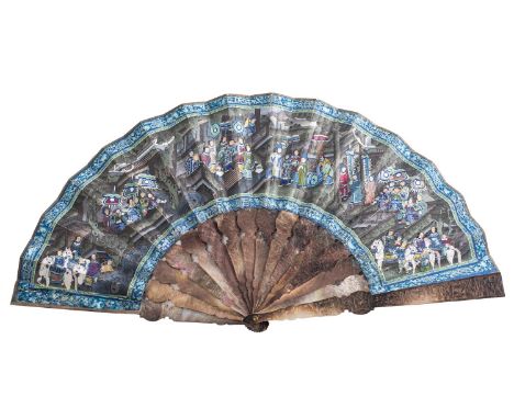 A Chinese Canton painted and carved mother of pearl fan, Qing dynasty, mid 19th century painted with cartouches depicting the