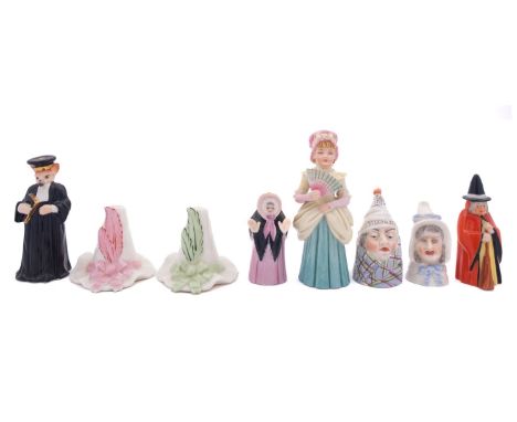 Six Royal Worcester candle extinguishers, comprising Mr and Mrs Caudle, Monsieur Reynard, Town Girl, Witch and Granny Snow, p
