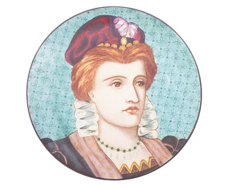 A Doulton Lambeth faience charger, painted with a head and shoulders portrait of an Elizabethan lady by Elizabeth Hamilton, m