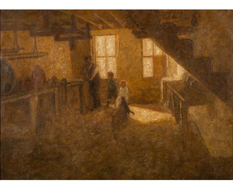 British School, 19th Century -Interior of a workshop, a man at work with children and a cat looking on -Oil on canvas -54.5 x
