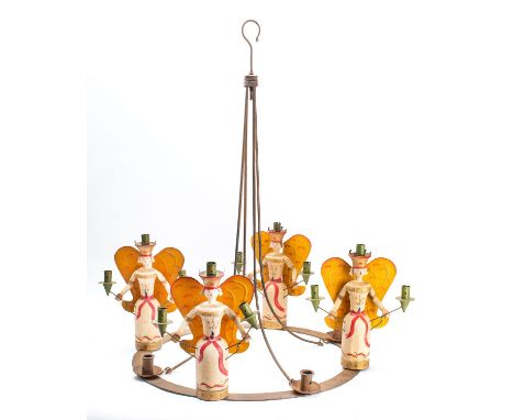A wrought iron and carved and painted wood mounted sixteen light chandelier, in northern European folk art taste, 20th centur