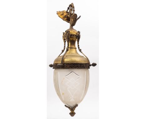 A cut glass and gilt metal mounted ceiling lantern, in Louis XVI taste, early 20th century; the opaque ovoid shade suspended 
