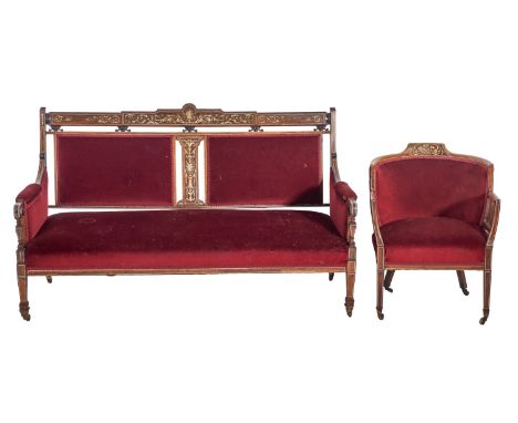 An Edwardian Inlaid rosewood and upholstered sofa, early 20th century; with bone inlaid foliate marquetry backrest and later 