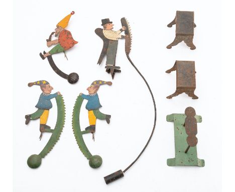 A group of Continental painted metal balance toys in Victorian style, comprising a pair of gnome figures, each standing and h