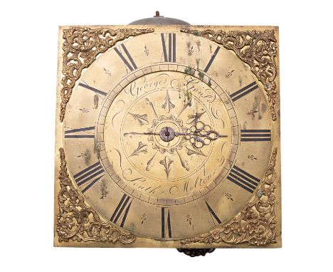 George Gould, South Molton a longcase clock movement and dial having a thirty-hour bird-cage movement with turned brass pilla