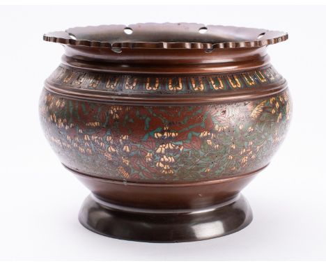 A Chinese bronze and champlevé enamel jardiniere, late Qing/early 20th century with shaped and pierced rim, enamelled with la