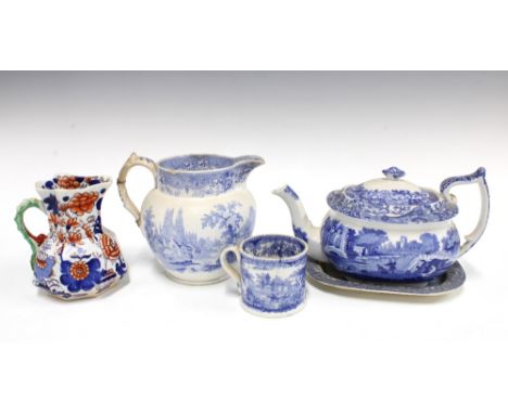 Masons Ironstone jug, together with a Davenport jug, Copeland blue and white teapot, a small willow pattern rectangular dish,