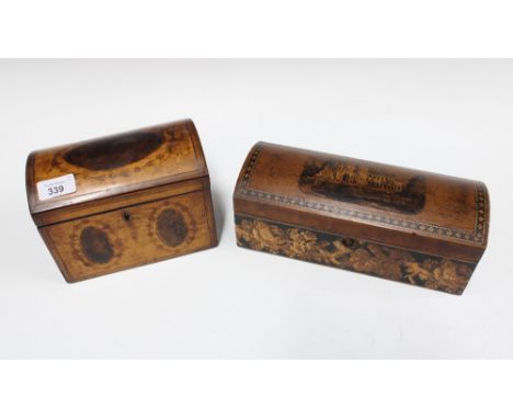 Georgian tea caddy with burrwood panels, 19 x 14cm, together with Tunbridge box, locked with no key (2)