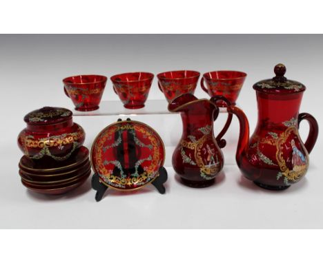 Moser Salviati painted ruby glass part tea set, teapot 19cm (13)
