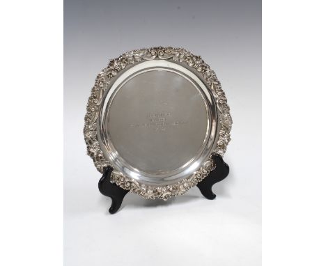Continental silver salver with fruit and vine border, inscribed 'Presented by the Austrian Football Association', stamped 800