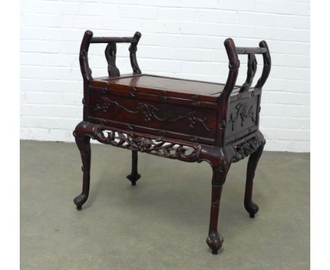 Chinese Hongmu piano stool with fruit and vine carving, 64 x 70 x 40cm.