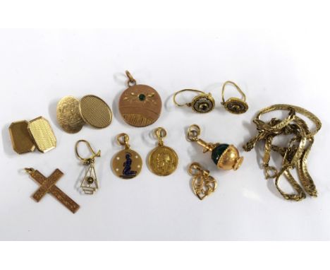 18ct gold jewellery to include a pair of circular earrings and three pendants, together with 9ct jewellery to include a neckl