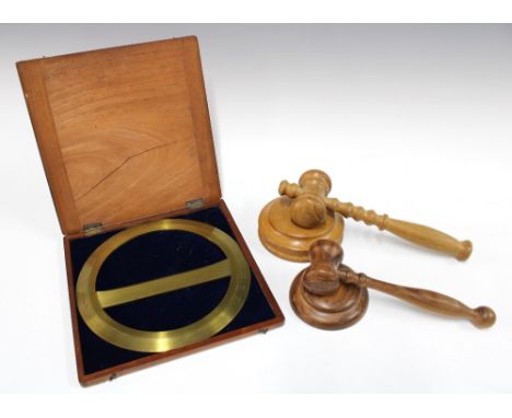 Lacquered brass 360 degree protractor by Robson, Newcastle,  in fitted  box, 23cm, together with two gavels with matching sou