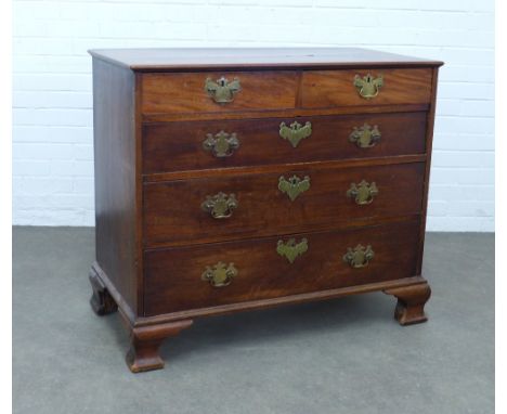 Georgian mahogany chest of drawers, two short and three graduating long drawers with brass handles and escutcheons, on bracke
