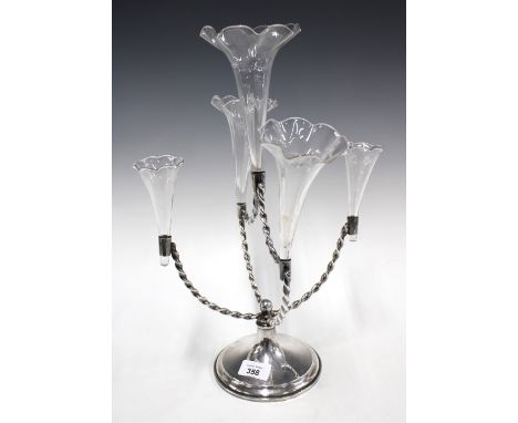 Silver plated five branch table epergne, with glass vases and twisted arms, 41cm