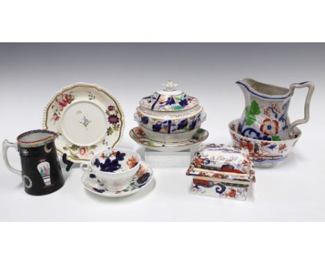 19th century Staffordshire wares to include an Imari bowl, a sugar bowl with cover on stand, a two part drainer with cover, a