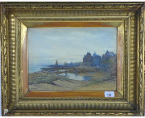 AFK, watercolour of an East coast fishing Village, signed with initials, framed under glass, 35 x 25cm