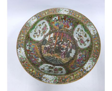 Large Chinese Canton Famille Rose basin, painted with figures, birds and flowers, 47.5 x 14cm