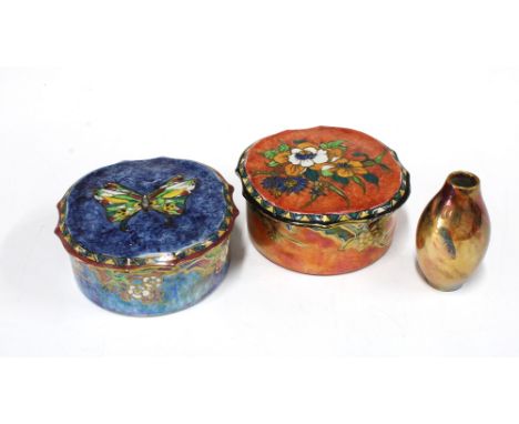 Two Grimwades Byzanta Ware trinket pots with lids, 11 x 5cm, together with a small Wilkinson oriflamme vase (3)