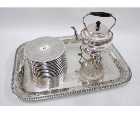 Silver plated tray, 51 x 38cm, together with twelve silver plate coasters, and a silver plated spirit kettle with stand and b