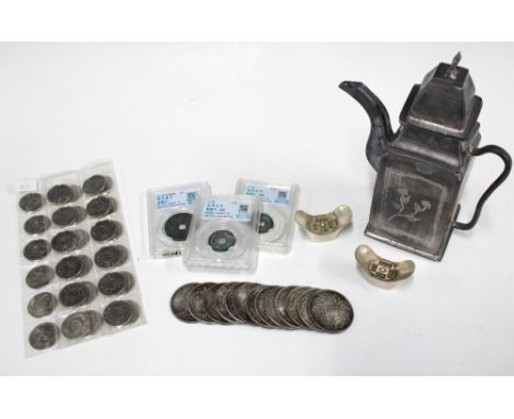 Chinese pewter wine /  teapot, 19cm, together with a collection of Chinese coins and ingots
