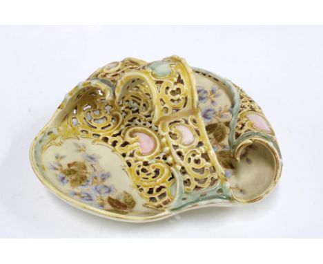 Zsolnay Pecs handpainted basket dish, with reticulated handle, 23 x 11cm