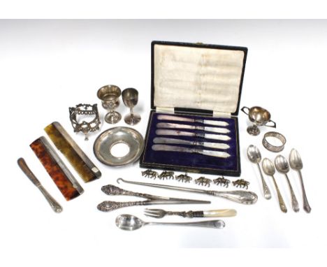 A mixed lot of Epns wares together with a small silver trophy cup, 5cm and another, s set of six cow charms stamped 800, silv