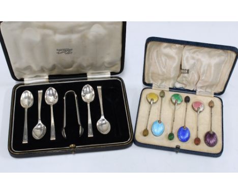 Cased set of six silver and enamel coffee spoons, Birmingham 1938 and a cased set of five Sheffield silver teaspoons with mat