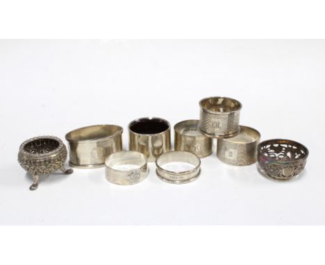 A Chinese Export silver salt by Wang Hing, a Victorian Epns salt and a collection of seven silver napkin rings with various h