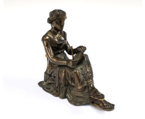 Bronze female Grecian figure sitting and writing, perhaps a finial from a clock 15 x 14cm
